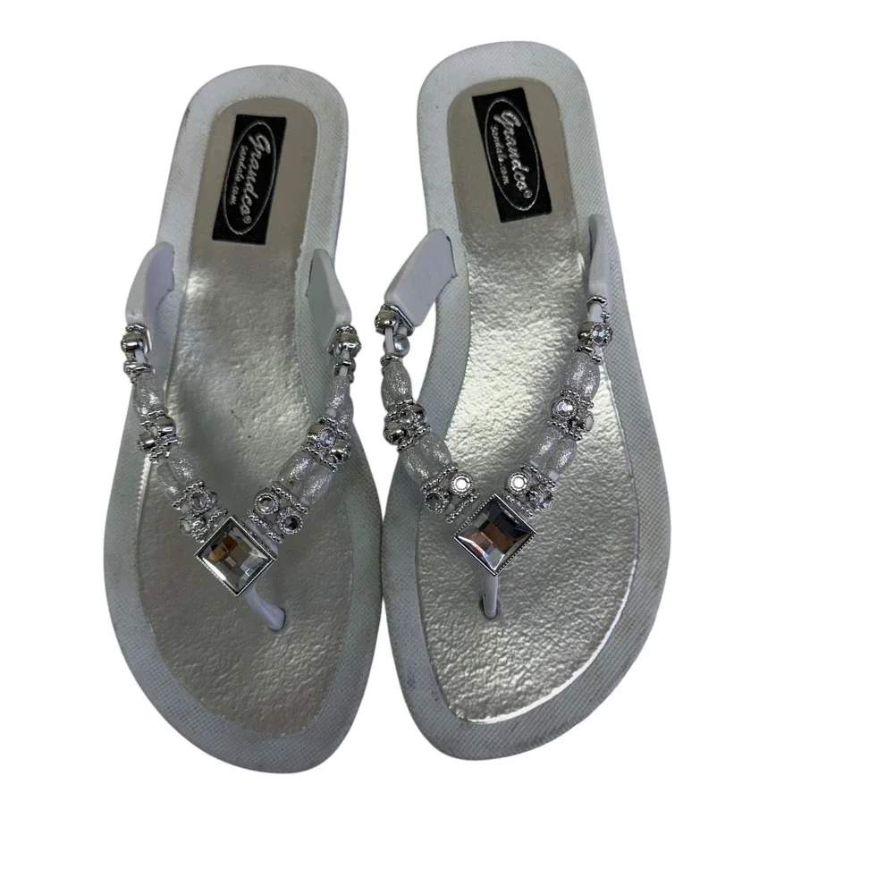 Grandco Womens‎ White Silver Jeweled Wedge Flip Flop Sandals Size 8 Boho Glam